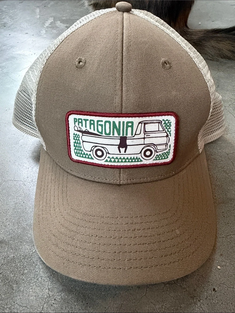 Patagonia Tan and Beige Trucker Hat with Green Patch